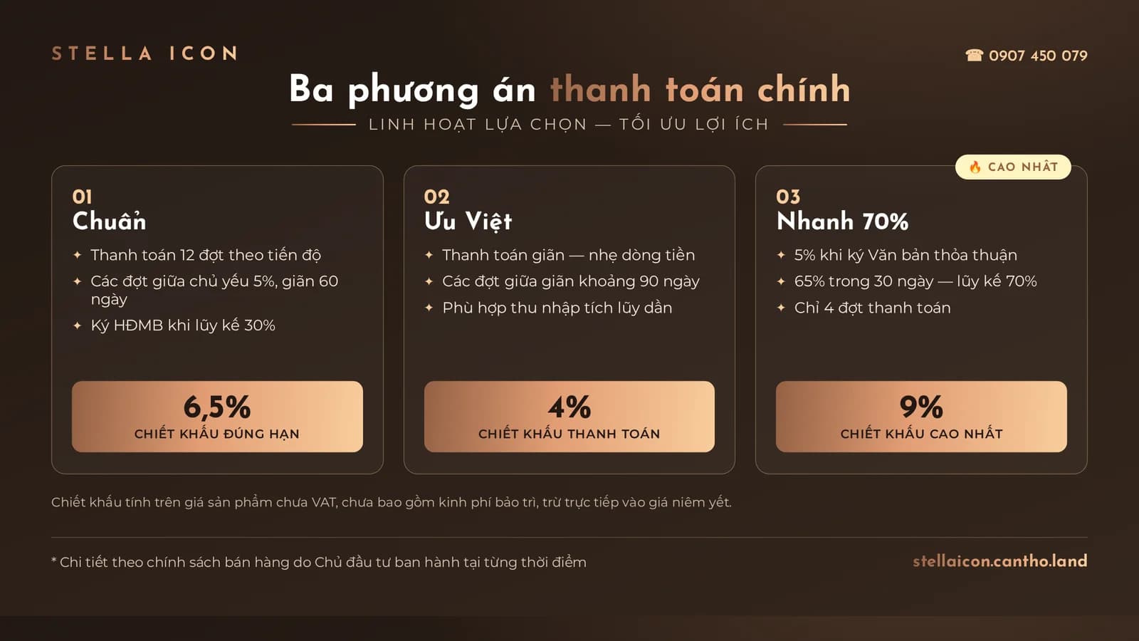 Ba phương án thanh toán chính dự án Stella Icon Cần Thơ với chiết khấu tới 9%