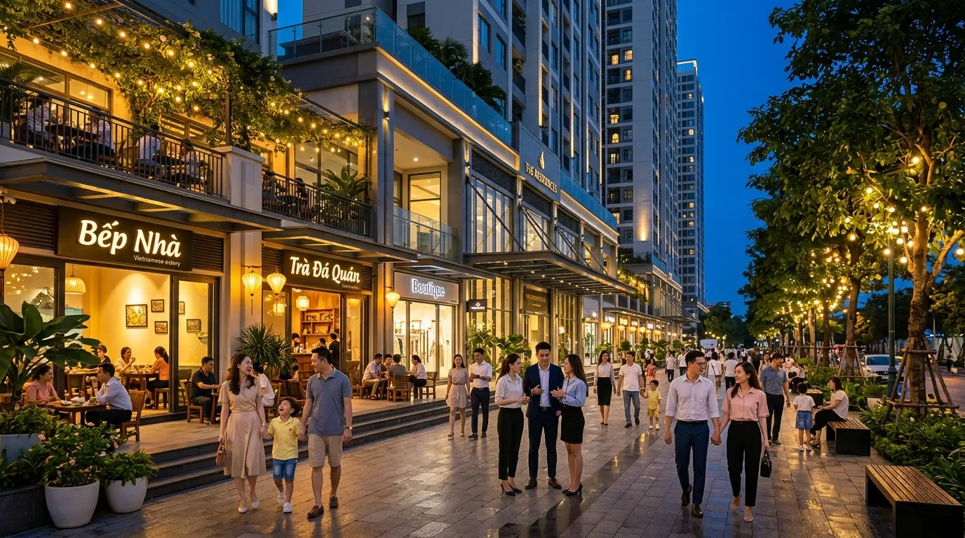 Minh họa cư dân và hoạt động thương mại sôi động tại khối đế shophouse Stella Icon